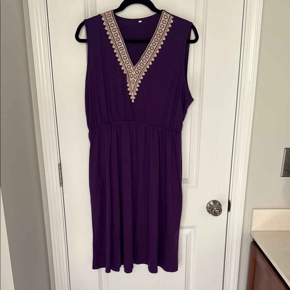 Purple Sleeveless Dress with Embroidered Trim